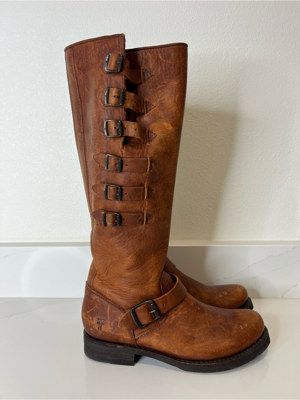Vintage Frye Valerie 6 Brown Leather Knee-High Buckle Boots size 7.5
